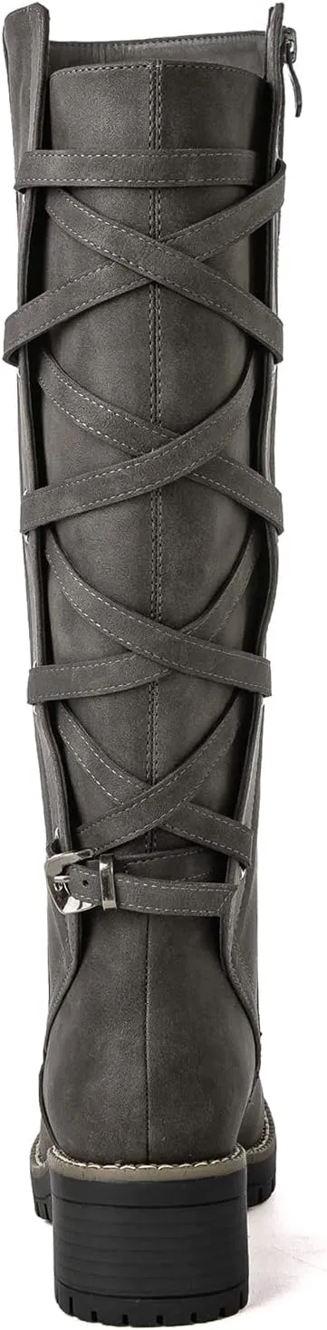 GLOBALWIN Women's Strappy Motorcycle Knee High Boots Riding Boots Back Lace Up Fall Winter Fashion Knee High Boots For Women