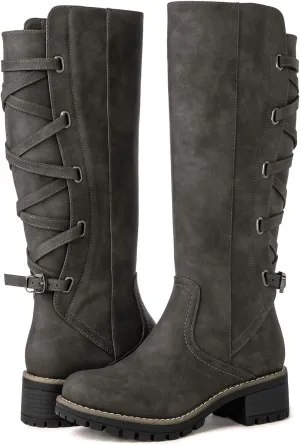 GLOBALWIN Women's Strappy Motorcycle Knee High Boots Riding Boots Back Lace Up Fall Winter Fashion Knee High Boots For Women