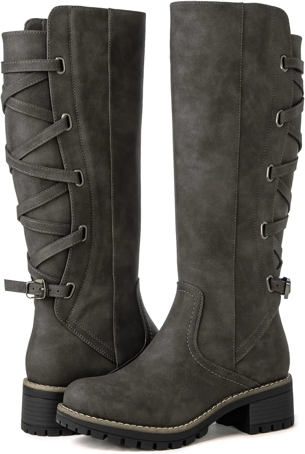 GLOBALWIN Women's Strappy Motorcycle Knee High Boots Riding Boots Back Lace Up Fall Winter Fashion Knee High Boots For Women