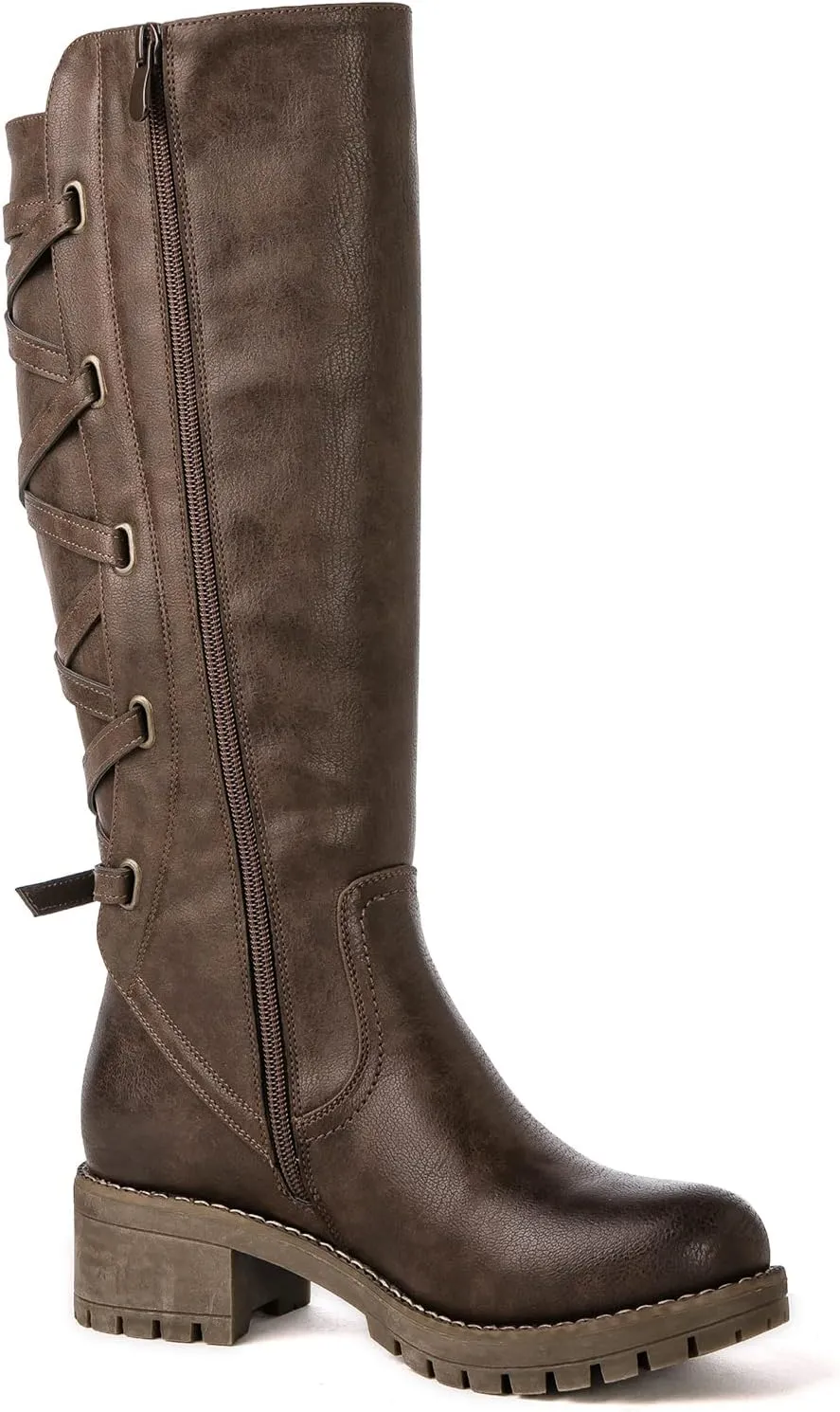 GLOBALWIN Women's Strappy Motorcycle Knee High Boots Riding Boots Back Lace Up Fall Winter Fashion Knee High Boots For Women