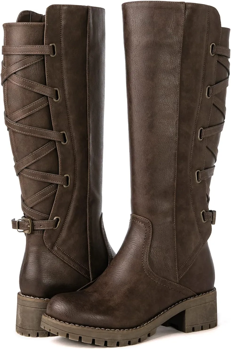 GLOBALWIN Women's Strappy Motorcycle Knee High Boots Riding Boots Back Lace Up Fall Winter Fashion Knee High Boots For Women