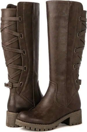 GLOBALWIN Women's Strappy Motorcycle Knee High Boots Riding Boots Back Lace Up Fall Winter Fashion Knee High Boots For Women