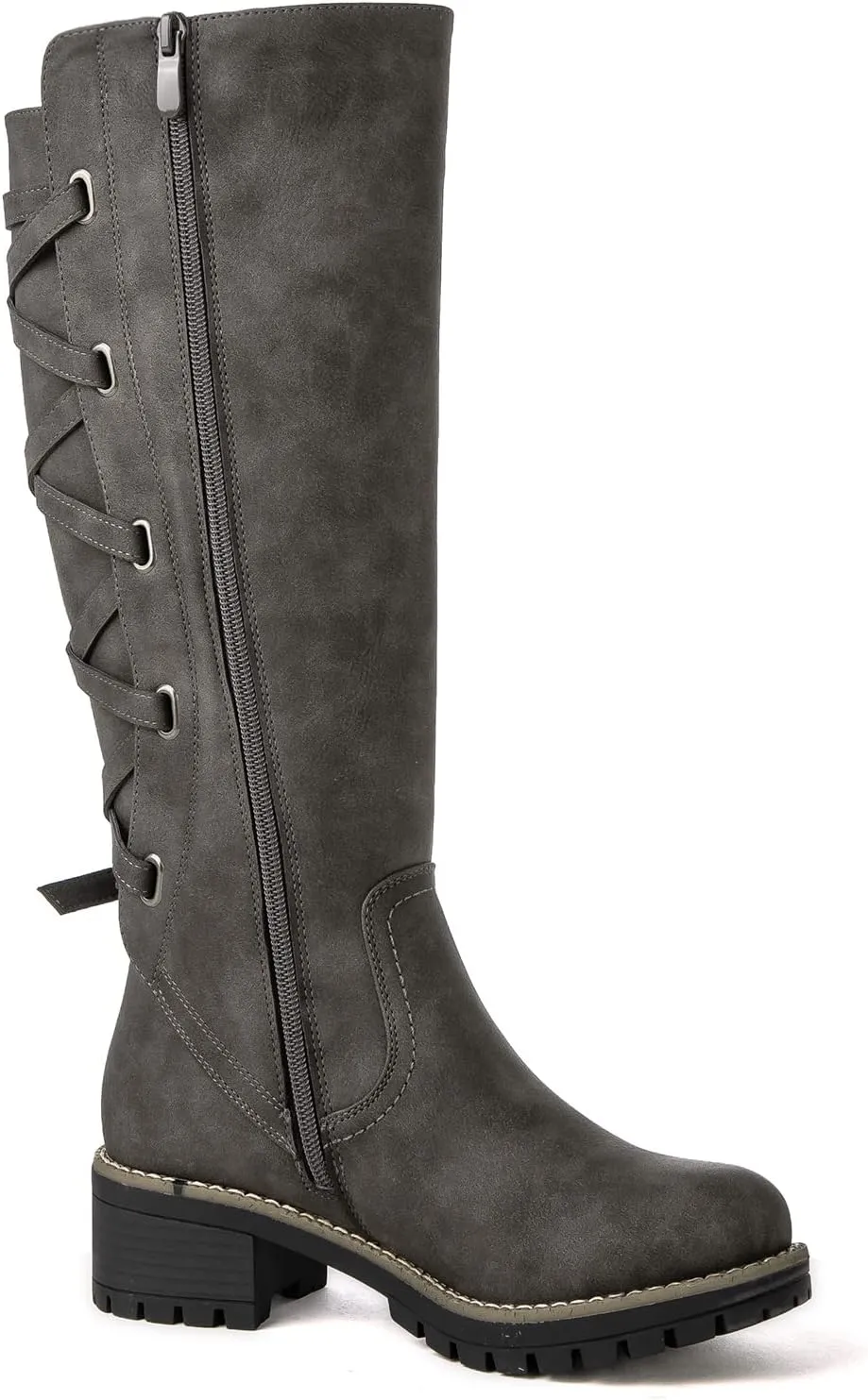 GLOBALWIN Women's Strappy Motorcycle Knee High Boots Riding Boots Back Lace Up Fall Winter Fashion Knee High Boots For Women