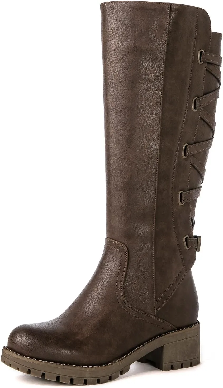 GLOBALWIN Women's Strappy Motorcycle Knee High Boots Riding Boots Back Lace Up Fall Winter Fashion Knee High Boots For Women