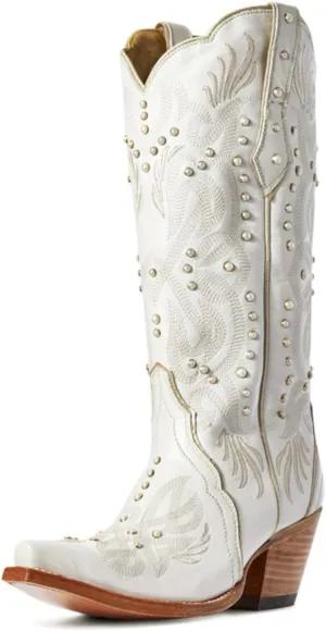 Goolita Pearl Cowboy Boots For Women Pointed Toe Stacked Chunky Heel Western Knee High Boots with Retro Embroidered Classic Slip On Wedding Cowgirl Boots