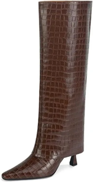 Goolita Women's Stiletto Heel Knee High Boots Square Toe Slip On Fold Over Boots For Women Leather Comfortable Dress Tall Boots