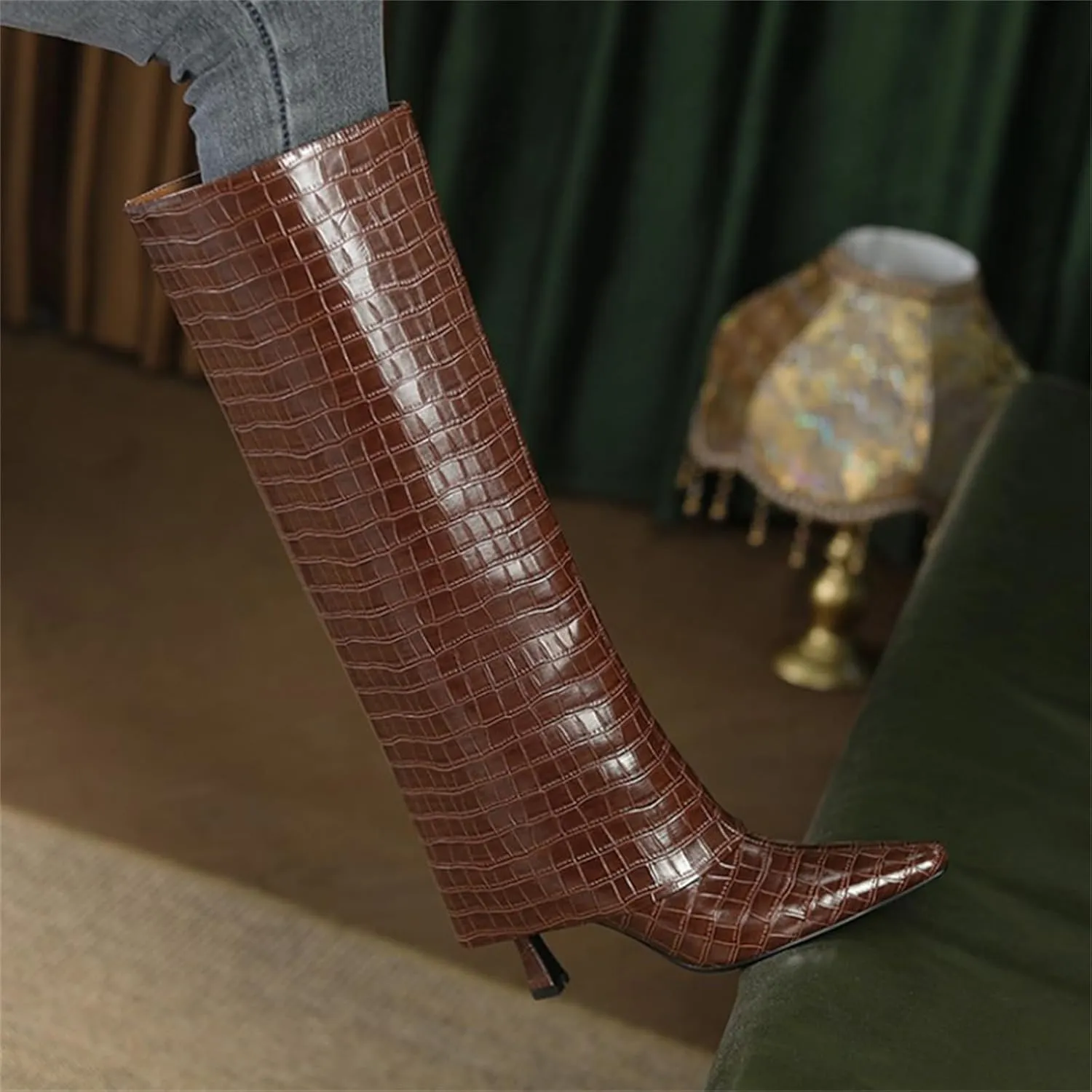 Goolita Women's Stiletto Heel Knee High Boots Square Toe Slip On Fold Over Boots For Women Leather Comfortable Dress Tall Boots