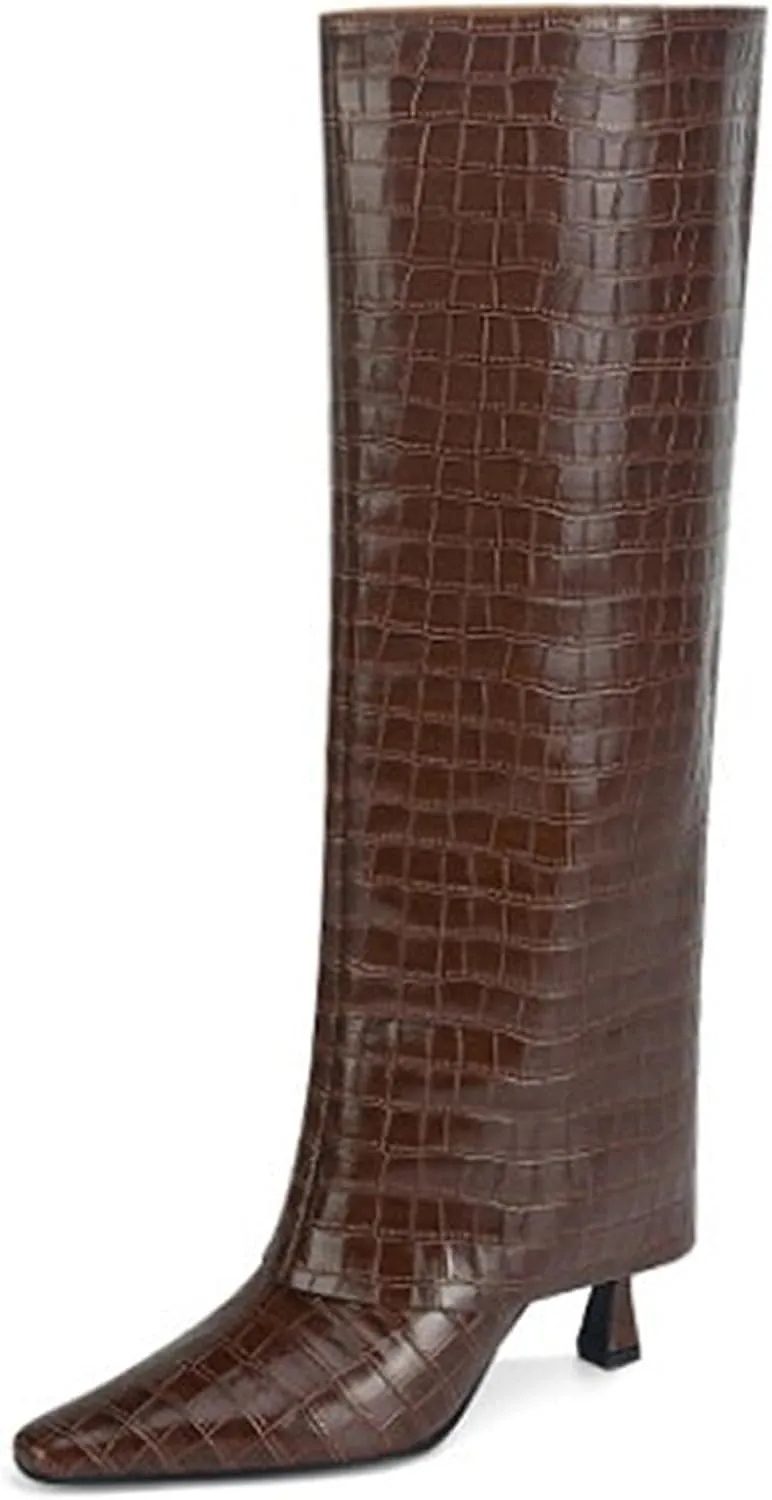 Goolita Women's Stiletto Heel Knee High Boots Square Toe Slip On Fold Over Boots For Women Leather Comfortable Dress Tall Boots
