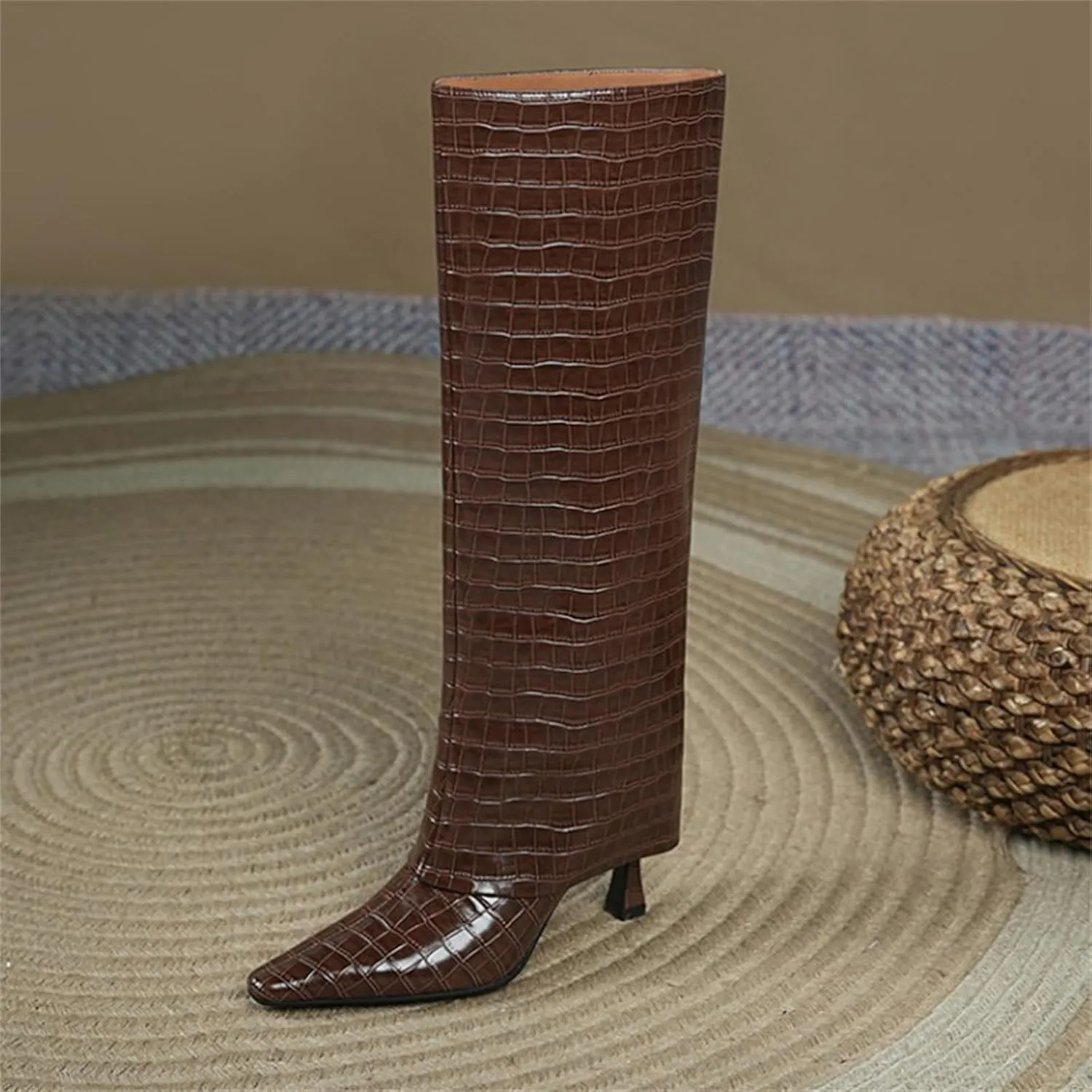 Goolita Women's Stiletto Heel Knee High Boots Square Toe Slip On Fold Over Boots For Women Leather Comfortable Dress Tall Boots
