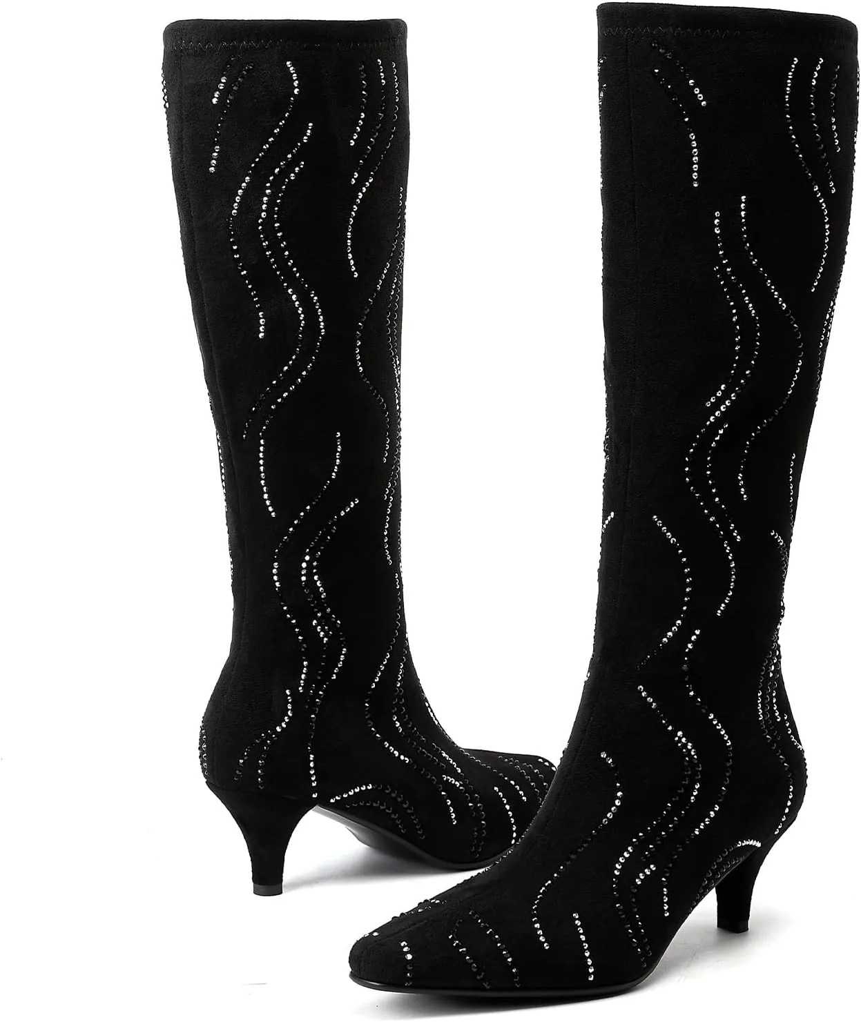 GOSERCE Black Knee High Boots for Women Low Heel with Rhinestone Sparkly Zipper Pointed Toe Kitten Heels Womens Suede Boots Glitter Long Tall Boots Girls Party Dressy Prom Shows
