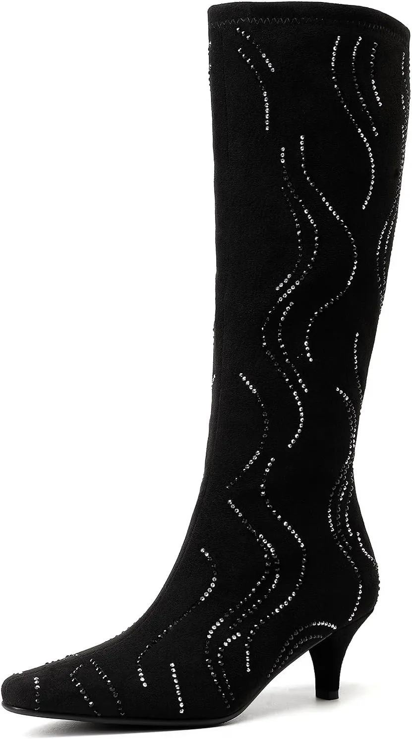 GOSERCE Black Knee High Boots for Women Low Heel with Rhinestone Sparkly Zipper Pointed Toe Kitten Heels Womens Suede Boots Glitter Long Tall Boots Girls Party Dressy Prom Shows
