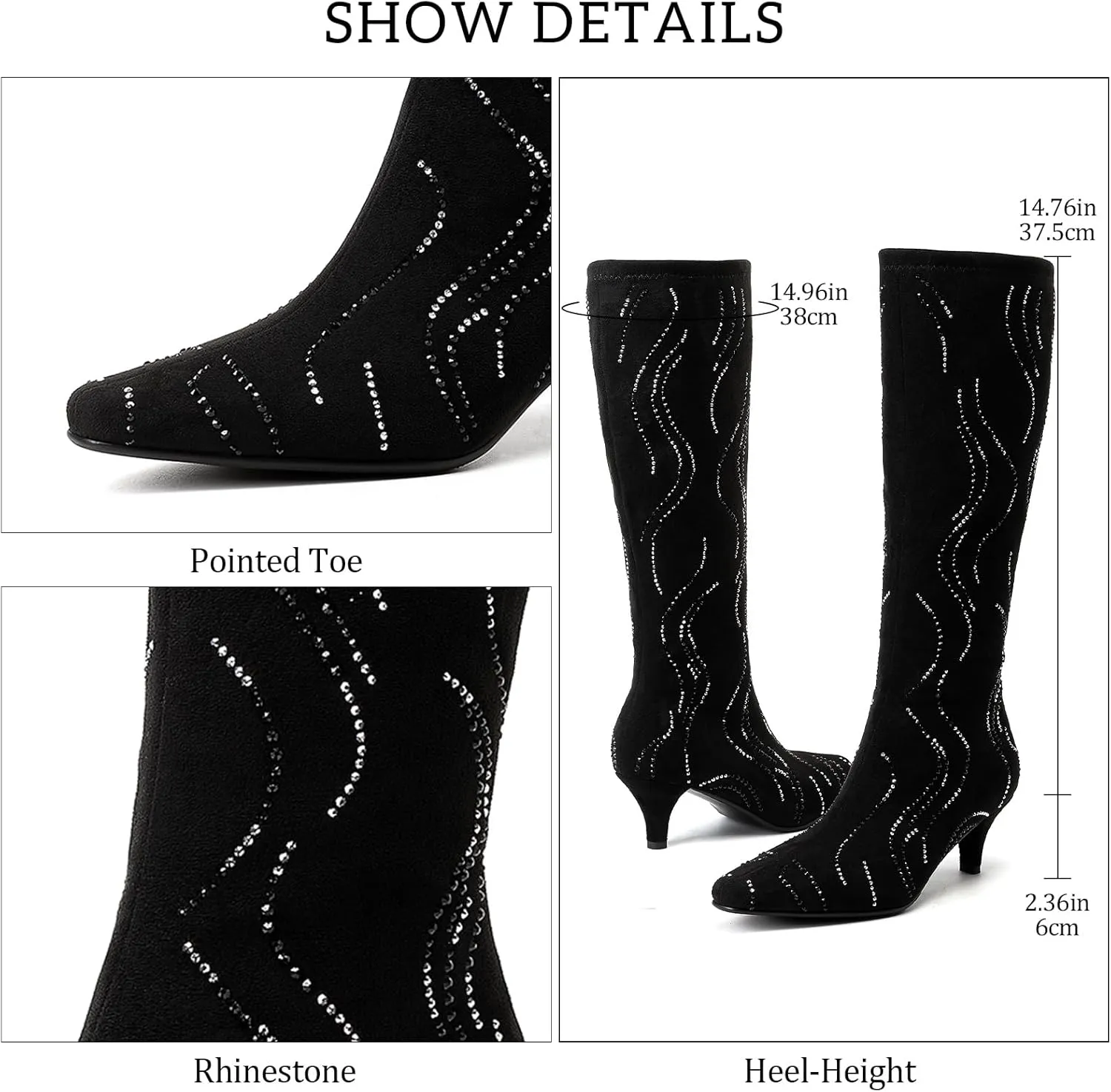 GOSERCE Black Knee High Boots for Women Low Heel with Rhinestone Sparkly Zipper Pointed Toe Kitten Heels Womens Suede Boots Glitter Long Tall Boots Girls Party Dressy Prom Shows