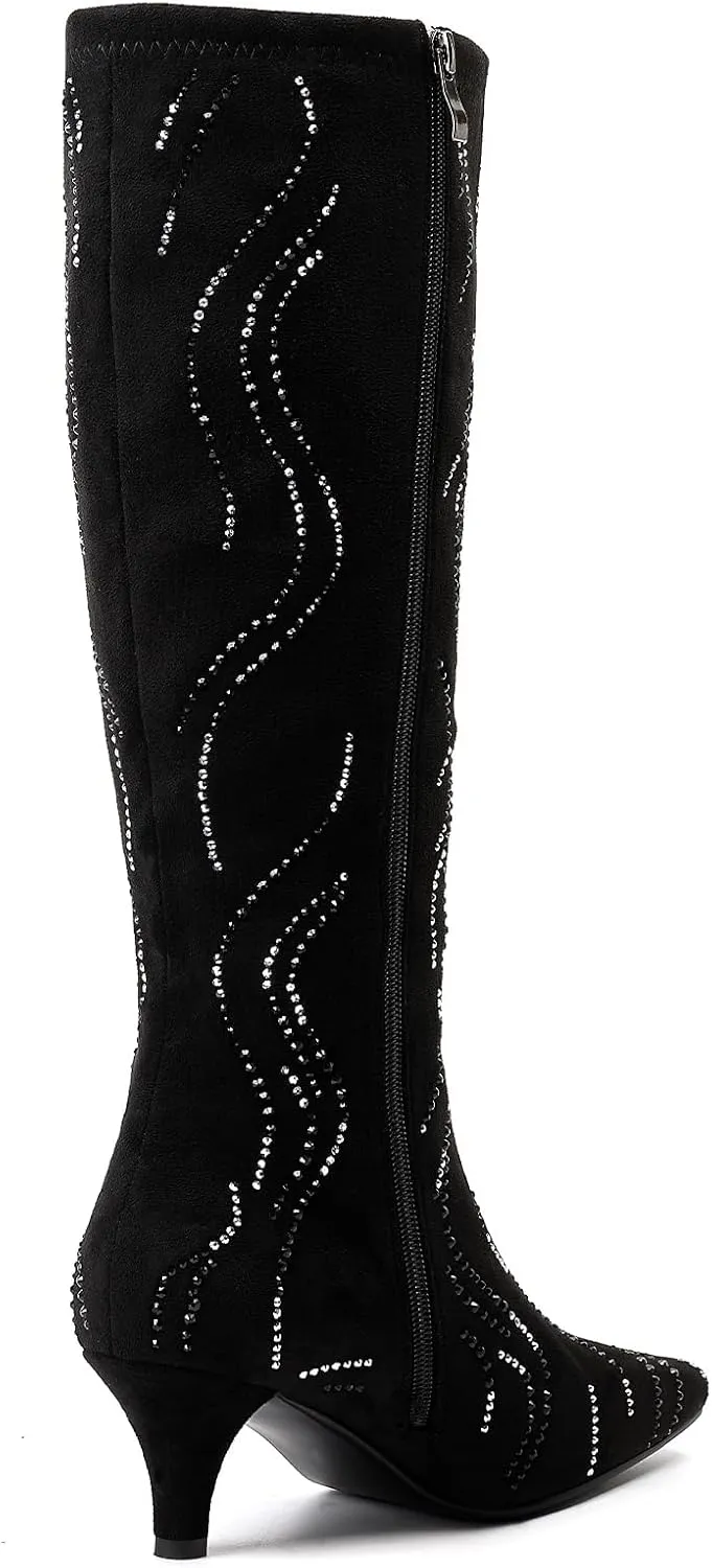 GOSERCE Black Knee High Boots for Women Low Heel with Rhinestone Sparkly Zipper Pointed Toe Kitten Heels Womens Suede Boots Glitter Long Tall Boots Girls Party Dressy Prom Shows