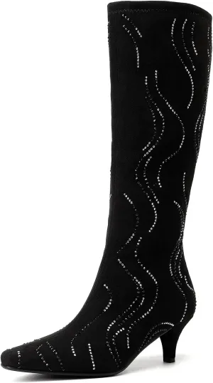 GOSERCE Black Knee High Boots for Women Low Heel with Rhinestone Sparkly Zipper Pointed Toe Kitten Heels Womens Suede Boots Glitter Long Tall Boots Girls Party Dressy Prom Shows