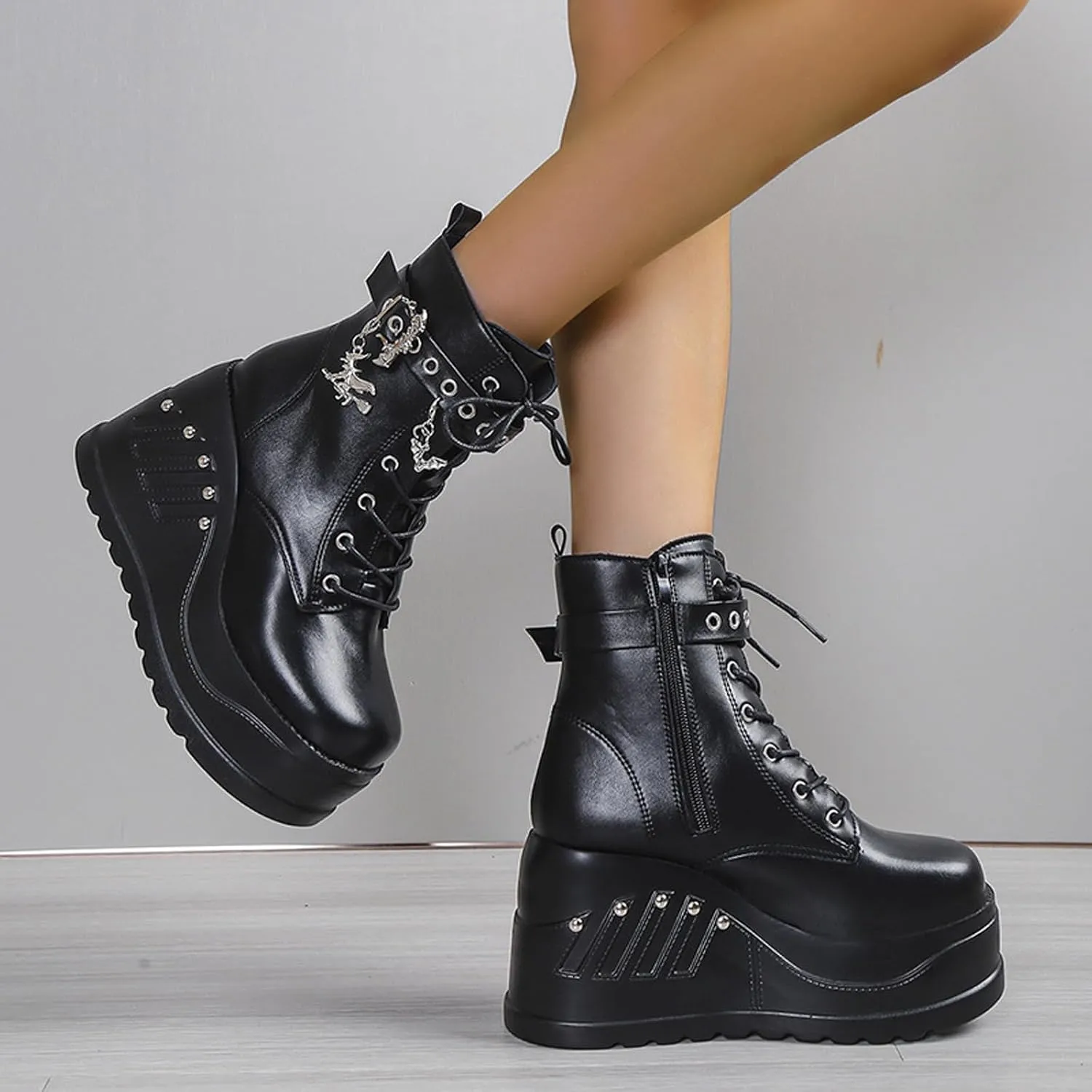 Goth Chunky Ankle Boots for Women - Bat Buckle DIY Platform,Zip Round Toe Lace Up Combat Bootie, Wedge Rave Boots Black Punk Shoes - Light Weight & Waterproof
