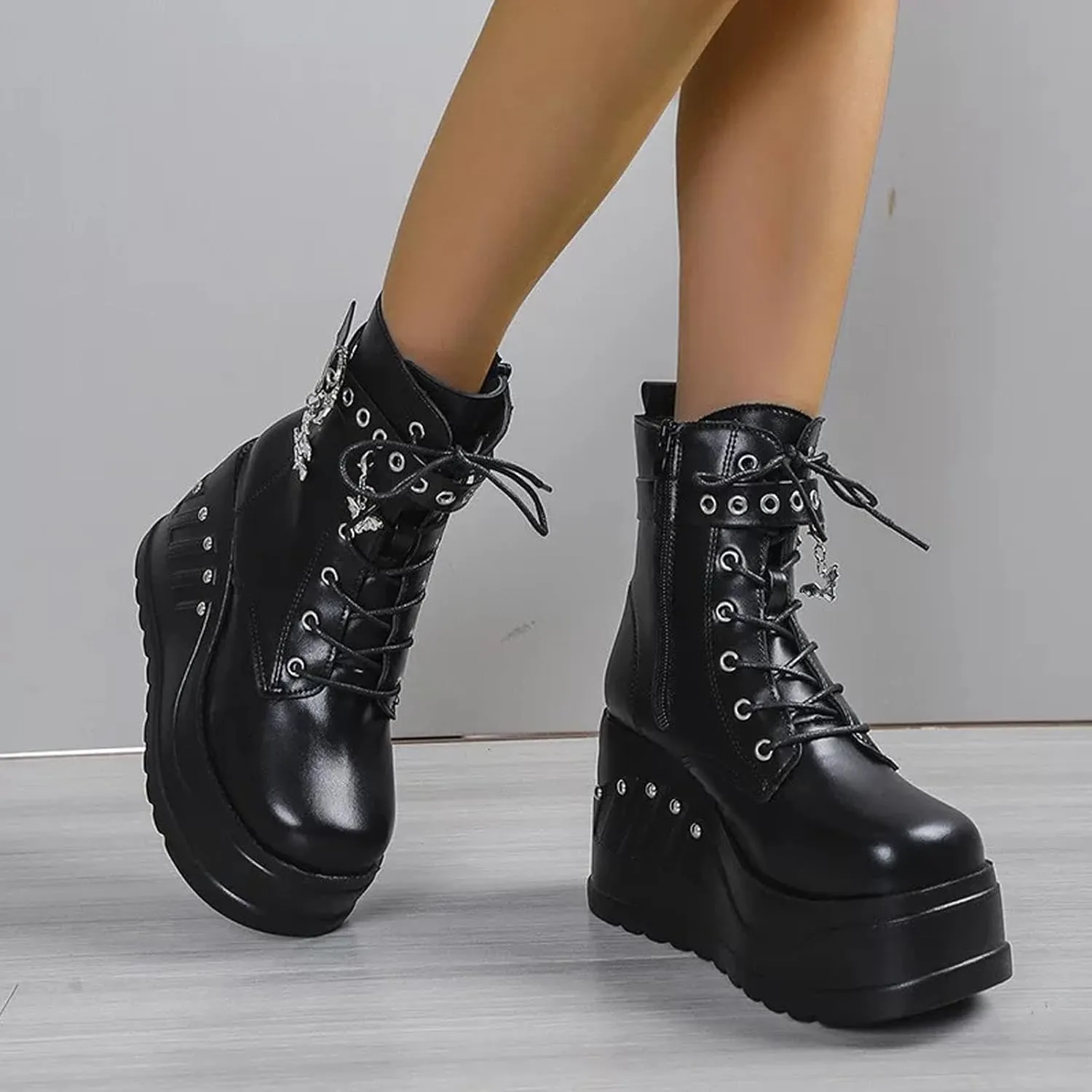 Goth Chunky Ankle Boots for Women - Bat Buckle DIY Platform,Zip Round Toe Lace Up Combat Bootie, Wedge Rave Boots Black Punk Shoes - Light Weight & Waterproof