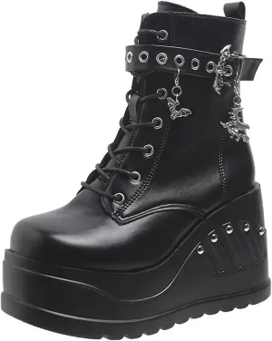 Goth Chunky Ankle Boots for Women - Bat Buckle DIY Platform,Zip Round Toe Lace Up Combat Bootie, Wedge Rave Boots Black Punk Shoes - Light Weight & Waterproof