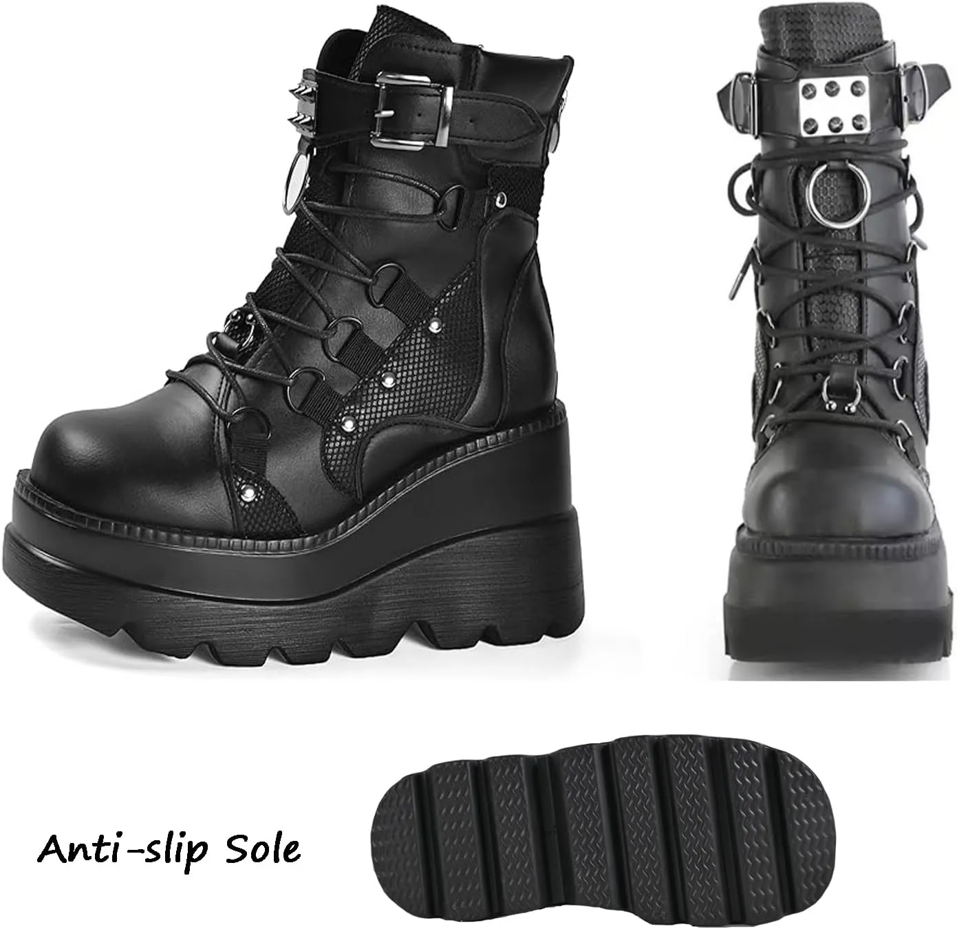 Goth Chunky Ankle Boots for Women - Bat Buckle DIY Platform,Zip Round Toe Lace Up Combat Bootie, Wedge Rave Boots Black Punk Shoes - Light Weight & Waterproof