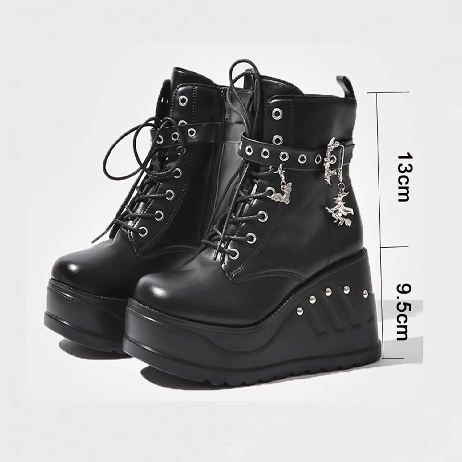 Goth Chunky Ankle Boots for Women - Bat Buckle DIY Platform,Zip Round Toe Lace Up Combat Bootie, Wedge Rave Boots Black Punk Shoes - Light Weight & Waterproof