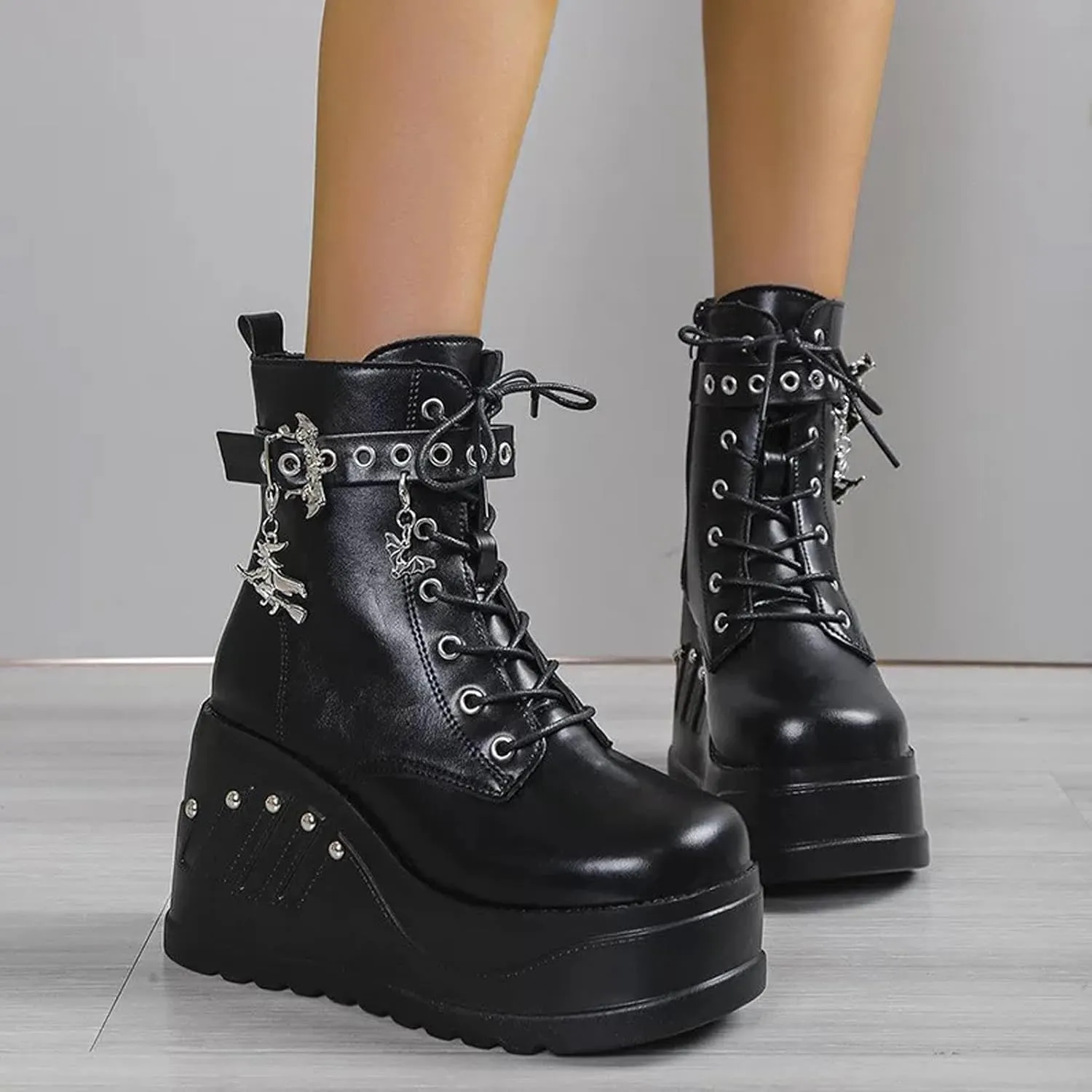 Goth Chunky Ankle Boots for Women - Bat Buckle DIY Platform,Zip Round Toe Lace Up Combat Bootie, Wedge Rave Boots Black Punk Shoes - Light Weight & Waterproof