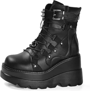 Goth Chunky Ankle Boots for Women - Bat Buckle DIY Platform,Zip Round Toe Lace Up Combat Bootie, Wedge Rave Boots Black Punk Shoes - Light Weight & Waterproof