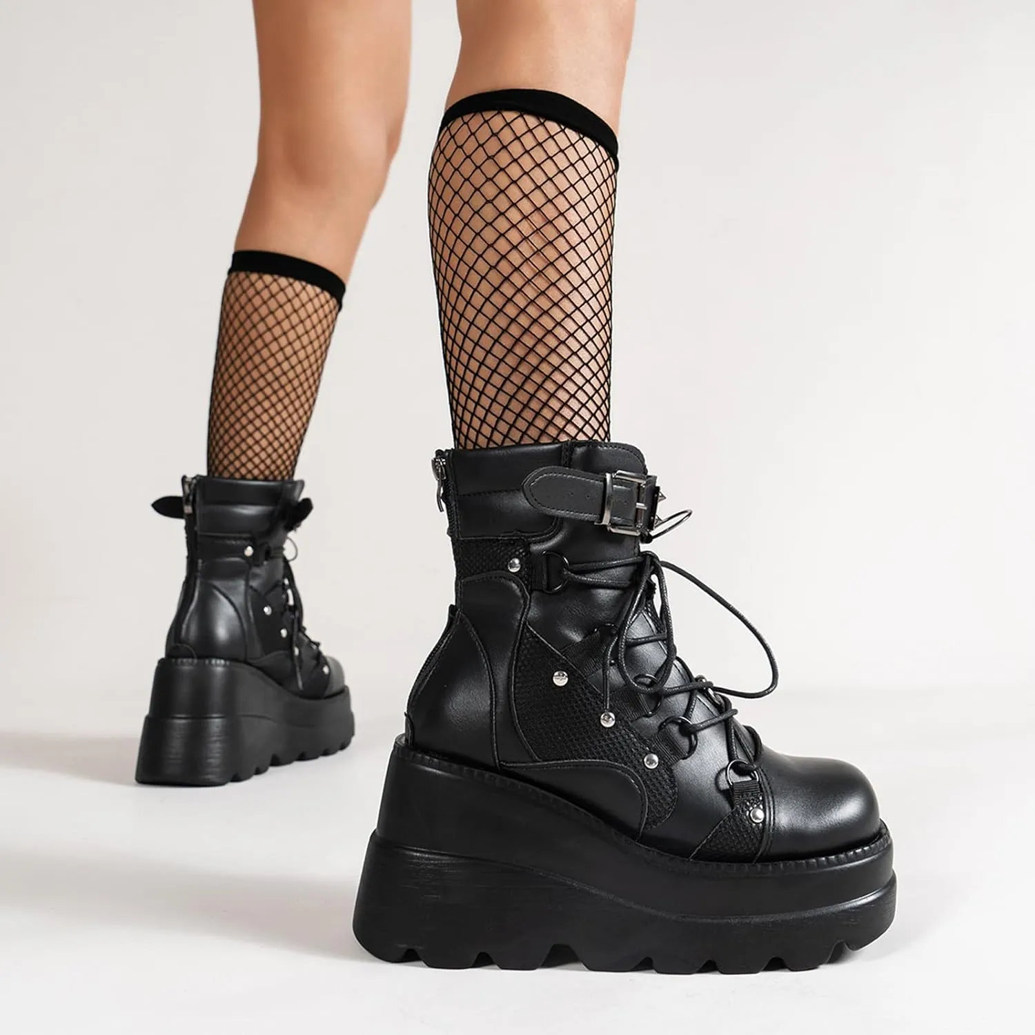 Goth Chunky Ankle Boots for Women - Bat Buckle DIY Platform,Zip Round Toe Lace Up Combat Bootie, Wedge Rave Boots Black Punk Shoes - Light Weight & Waterproof