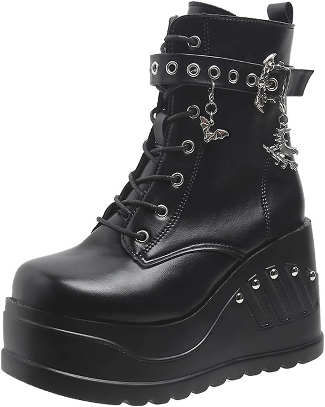 Goth Chunky Ankle Boots for Women - Bat Buckle DIY Platform,Zip Round Toe Lace Up Combat Bootie, Wedge Rave Boots Black Punk Shoes - Light Weight & Waterproof