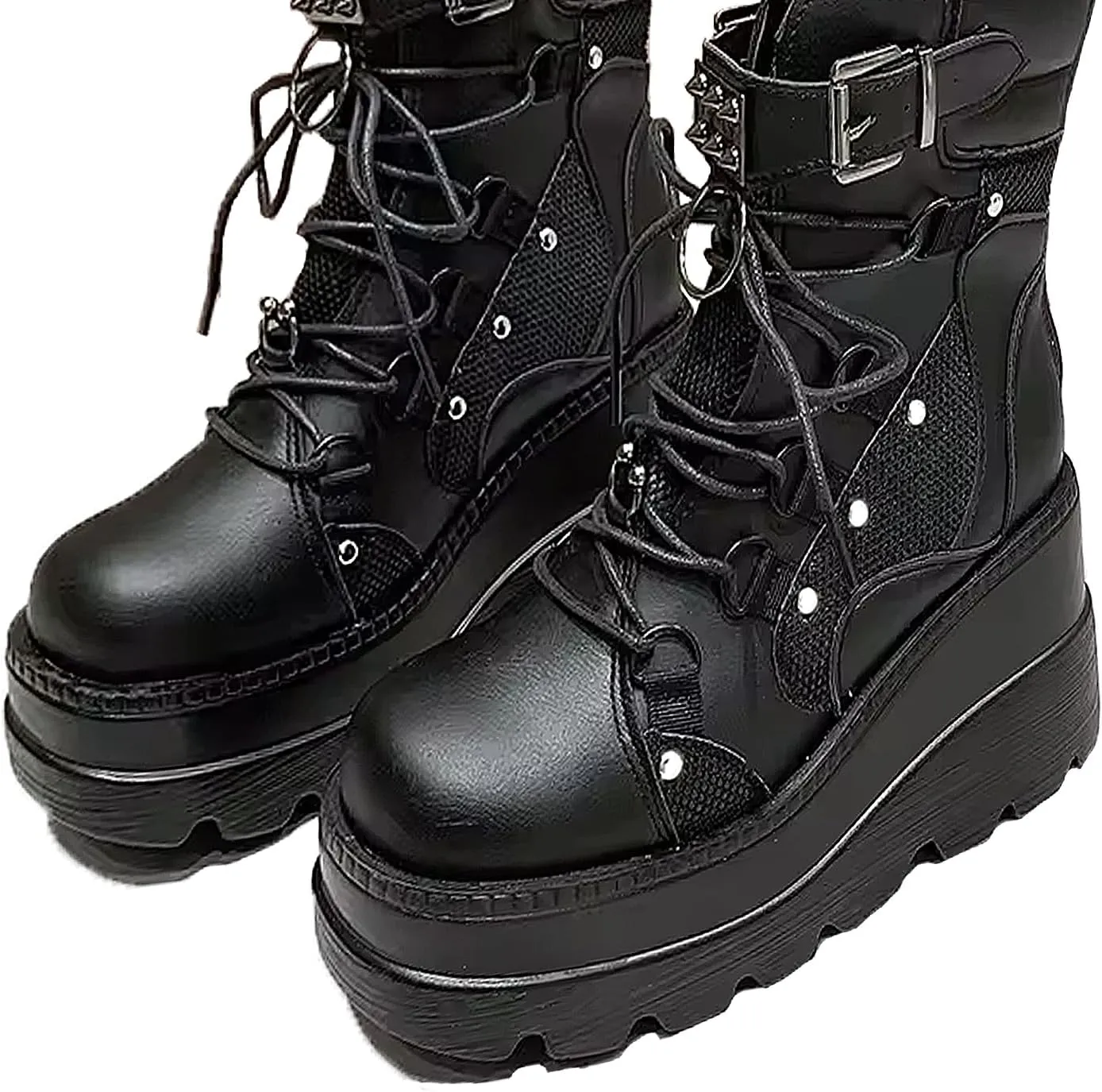 Goth Chunky Ankle Boots for Women - Bat Buckle DIY Platform,Zip Round Toe Lace Up Combat Bootie, Wedge Rave Boots Black Punk Shoes - Light Weight & Waterproof