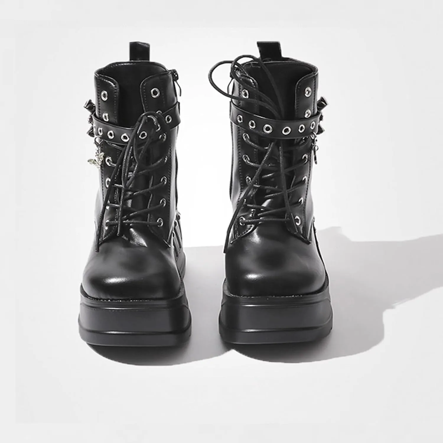 Goth Chunky Ankle Boots for Women - Bat Buckle DIY Platform,Zip Round Toe Lace Up Combat Bootie, Wedge Rave Boots Black Punk Shoes - Light Weight & Waterproof