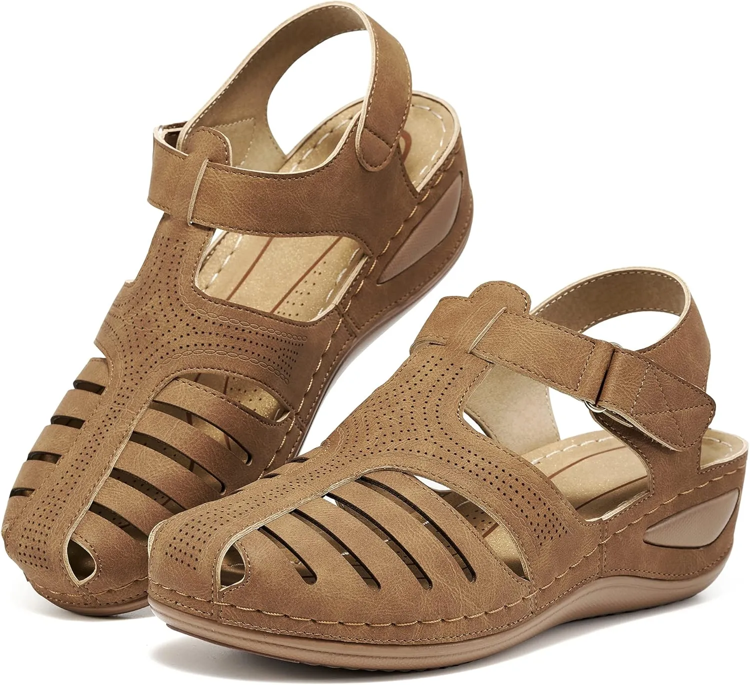 HARENCE Womens Sandals Wedge Shoes: Comfortable Ankle Strap Closed Toe Summer Platform Sandals Casual Bohemia Gladiator Outdoor Wedges