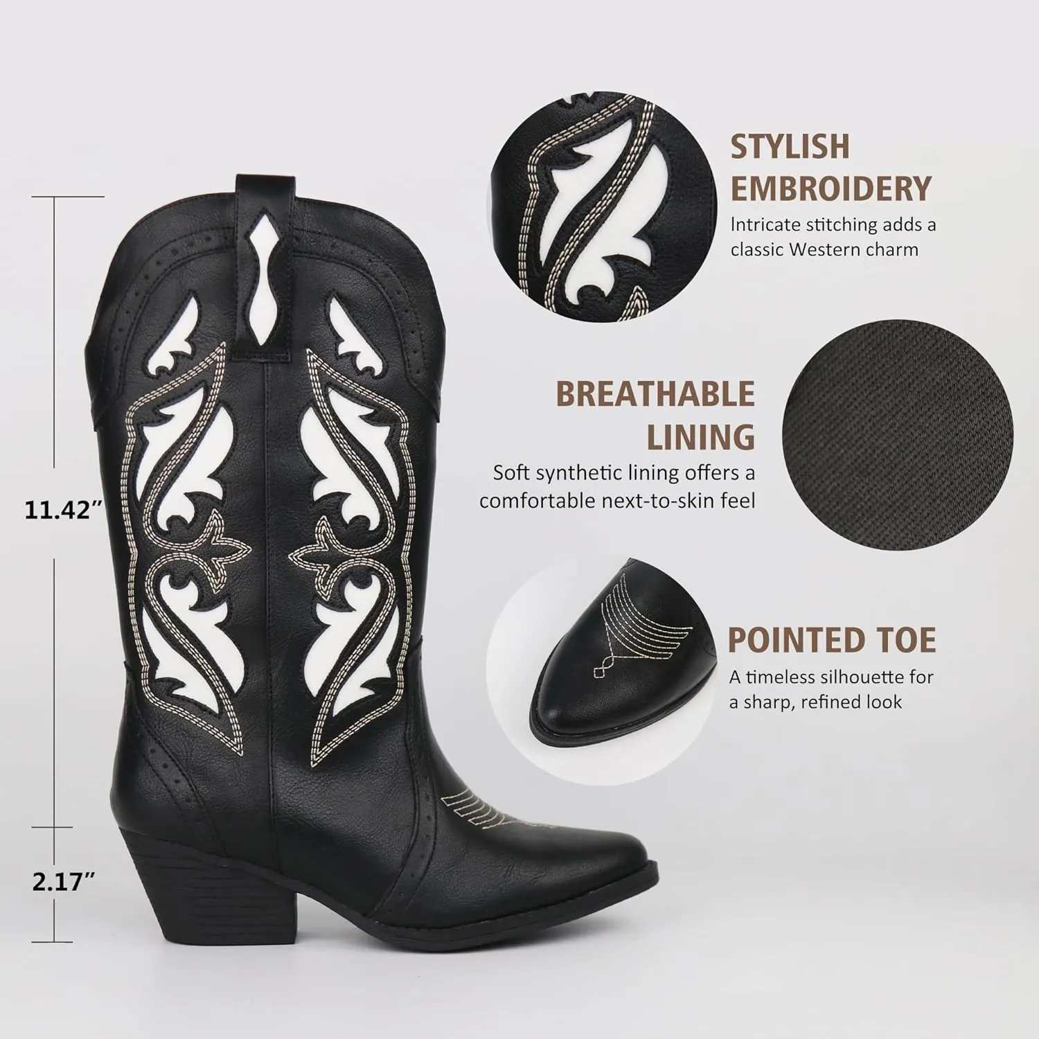 Hawkwell Women's Embroidered Stitched Mid Calf Cowboy Boots Pointed Toe Chunky Block Heel Classic Pull On Cowgirl Western Booties