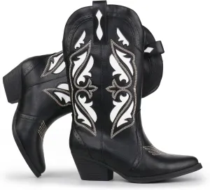 Hawkwell Women's Embroidered Stitched Mid Calf Cowboy Boots Pointed Toe Chunky Block Heel Classic Pull On Cowgirl Western Booties