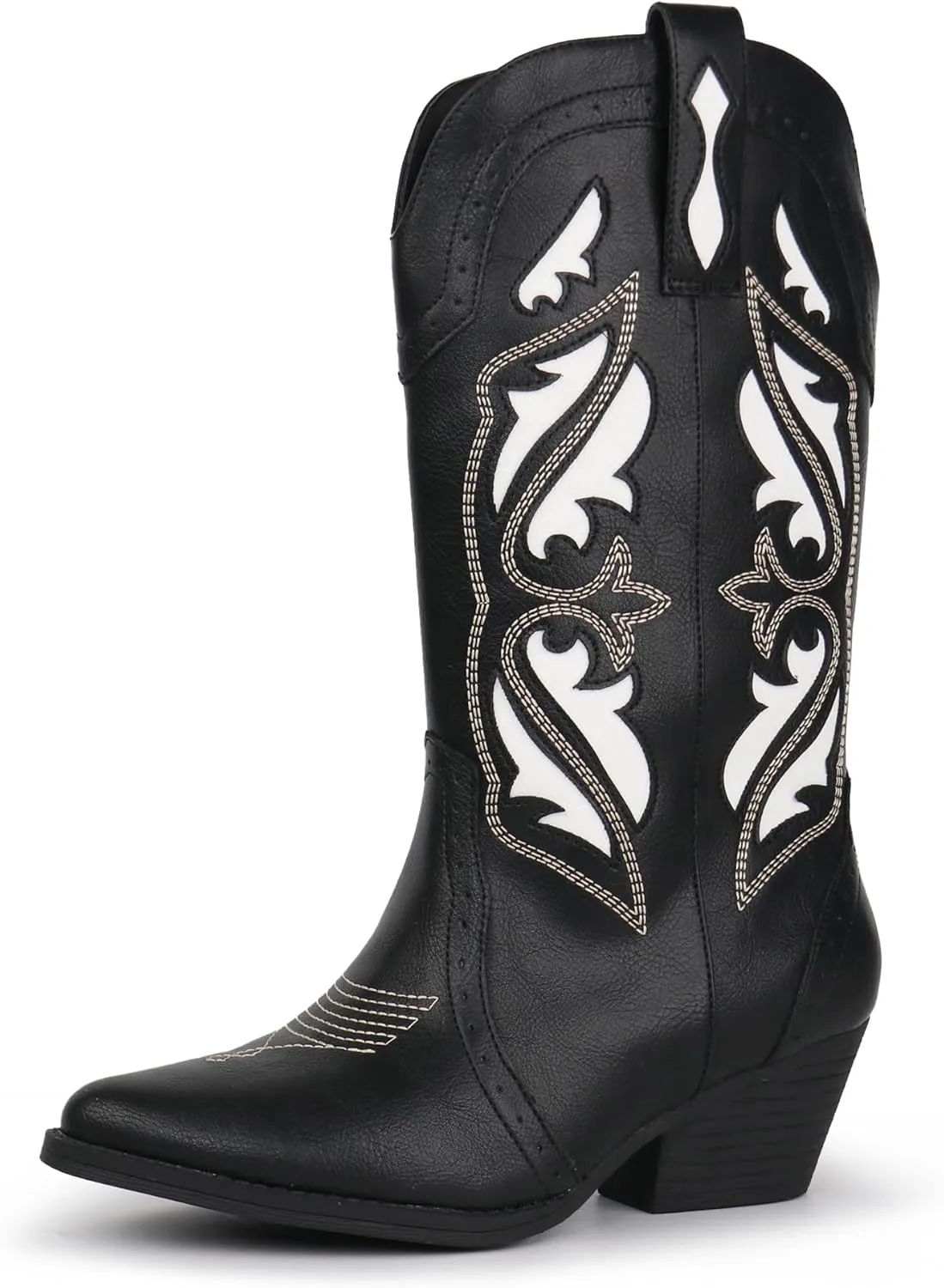 Hawkwell Women's Embroidered Stitched Mid Calf Cowboy Boots Pointed Toe Chunky Block Heel Classic Pull On Cowgirl Western Booties
