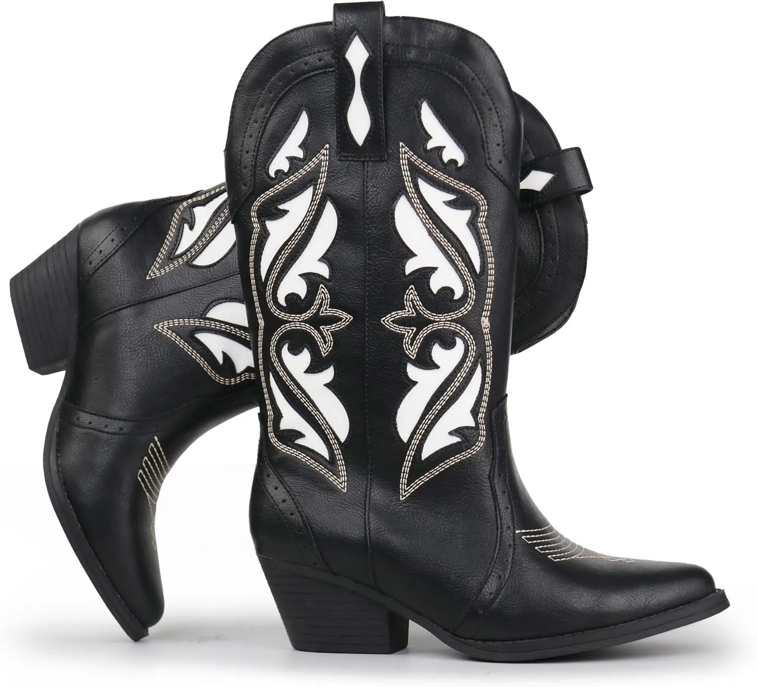 Hawkwell Women's Embroidered Stitched Mid Calf Cowboy Boots Pointed Toe Chunky Block Heel Classic Pull On Cowgirl Western Booties