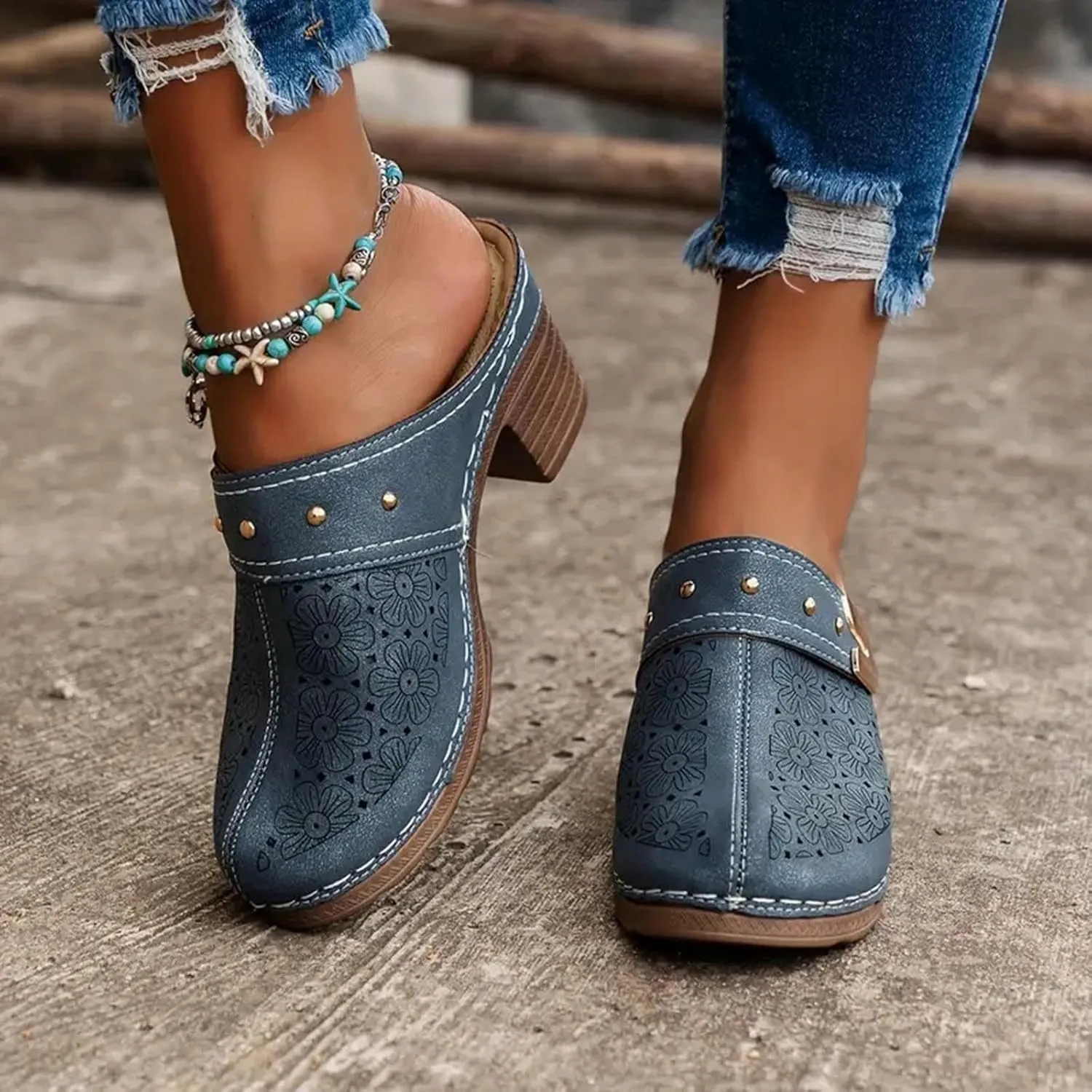 Heels Mules for Women 2025 Hollow Closed Toe Chunky Heels Sandals Comfortable Dressy Backless Sandals Slip On Slippers Party Shoes