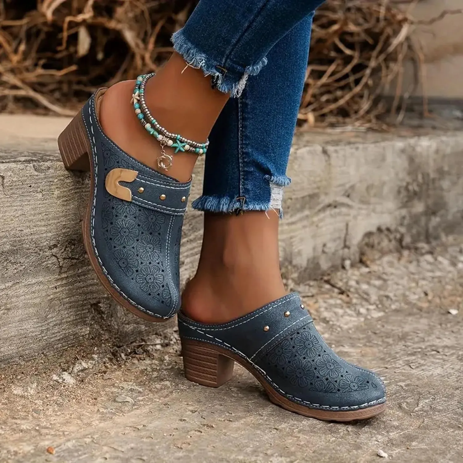 Heels Mules for Women 2025 Hollow Closed Toe Chunky Heels Sandals Comfortable Dressy Backless Sandals Slip On Slippers Party Shoes
