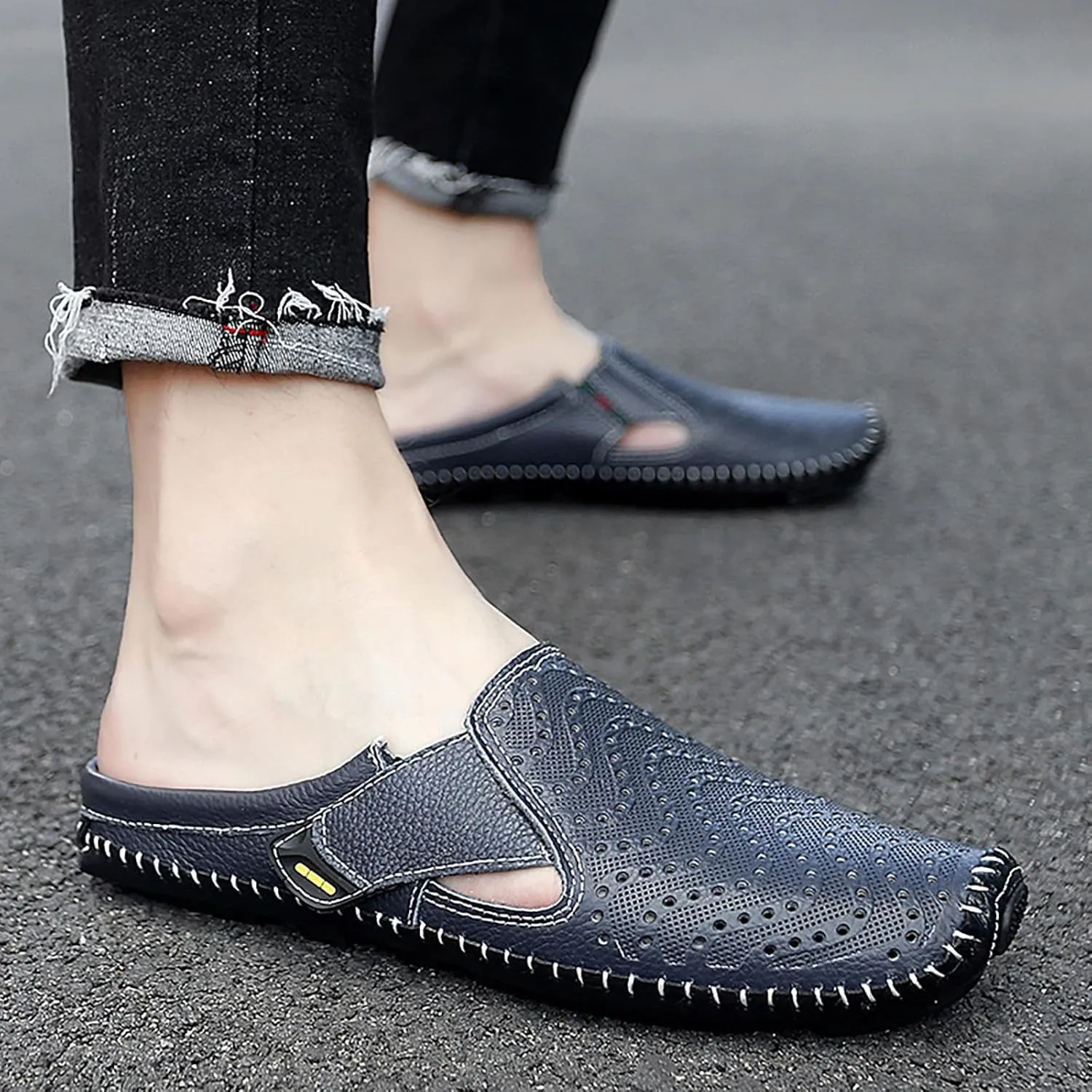 Helenbra Men's Hollow Backless Handmade Leather Mules Sandals,Summer Hook & Loop Breathable Slingback Non-slip Soft Sole Comfortable Slip-on Home Office Casual Flat Sandals Slippers