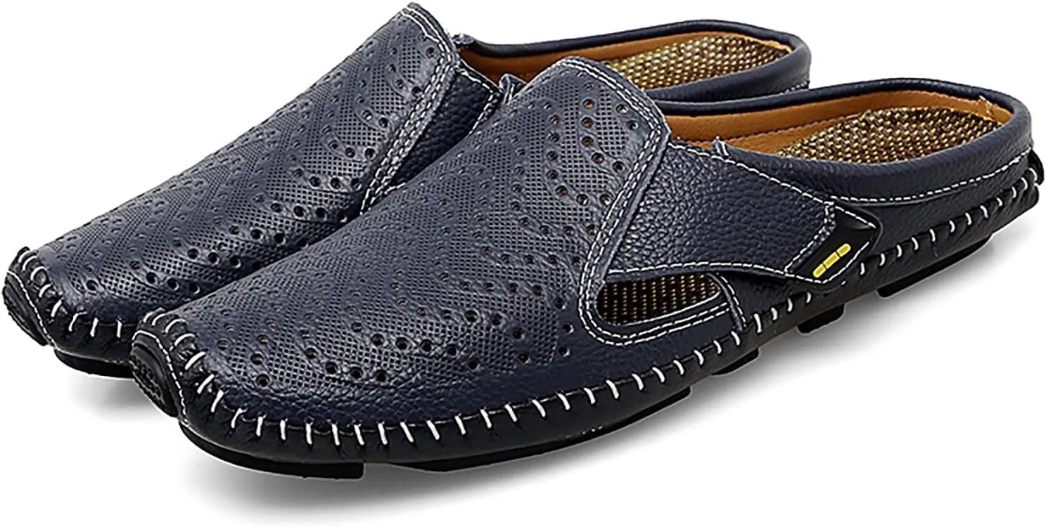 Helenbra Men's Hollow Backless Handmade Leather Mules Sandals,Summer Hook & Loop Breathable Slingback Non-slip Soft Sole Comfortable Slip-on Home Office Casual Flat Sandals Slippers