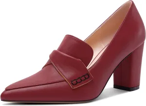 HEUIVZAR Womens Chunky Block Mid Heel Pumps Pointed Toe Slip-on Loafers Shoes Dress Office Casual 3.2 Inches Heels
