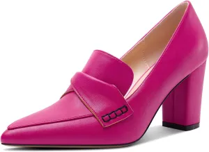 HEUIVZAR Womens Chunky Block Mid Heel Pumps Pointed Toe Slip-on Loafers Shoes Dress Office Casual 3.2 Inches Heels