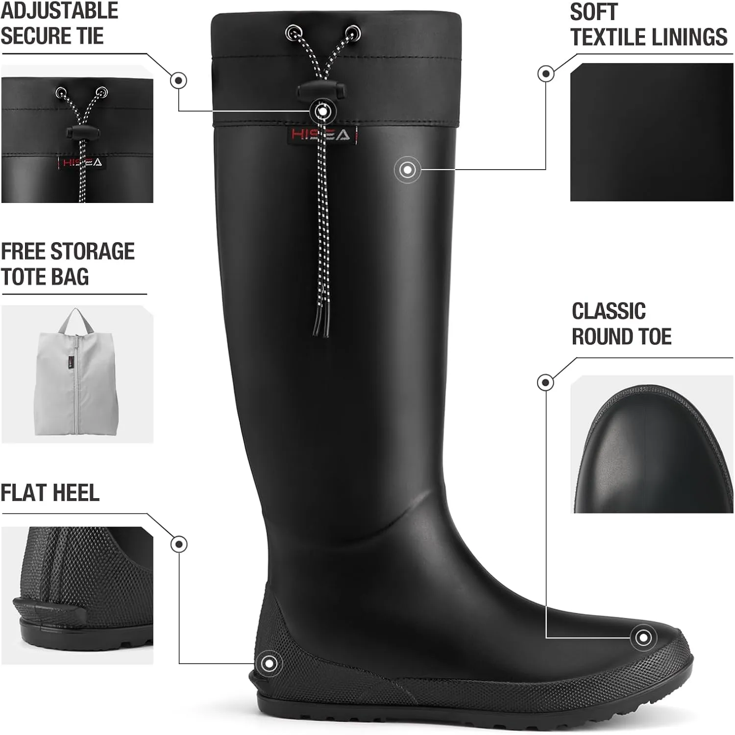 HISEA Womens Rubber Rain Boots Waterproof Packable Tall Garden Boots Lightweight Mud Boots