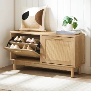 HOOBRO Shoe Storage Bench Entryway, Rattan-Like Shoe Bench with Flip Drawers, Narrow Shoe Rack Bench, Shoe Cabinet with Rattan Doors, Wooden Shoe Organizer for Entryway Hallway, Natural NL51HX01