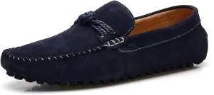 HOOENG Loafer Shoes for Men Suede Vamp Round Toe Breathable Stitching Details Rope Tie Flat Heel Flexible Soft Walking Slip on (Color : Navy, Size : 7.5 M US)