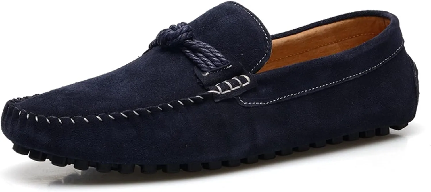 HOOENG Loafer Shoes for Men Suede Vamp Round Toe Breathable Stitching Details Rope Tie Flat Heel Flexible Soft Walking Slip on (Color : Navy, Size : 7.5 M US)