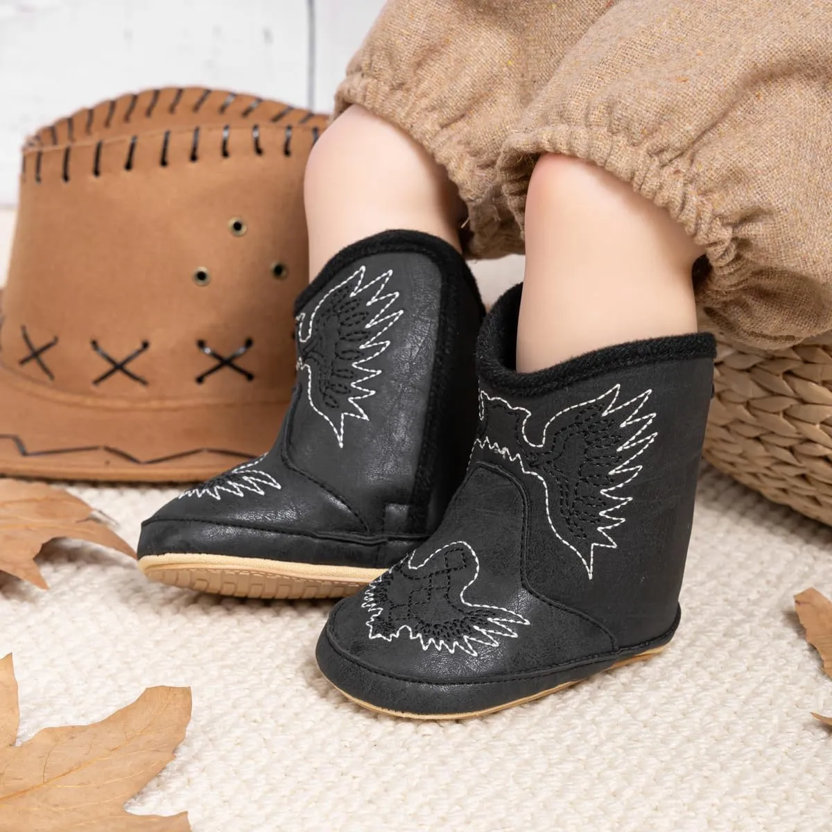 HsdsBebe Baby Boys Girls Western Cowboy Boots Infant Moccasins High Top Booties Toddler Soft Sole Non-Slip First Walker Crib Shoes