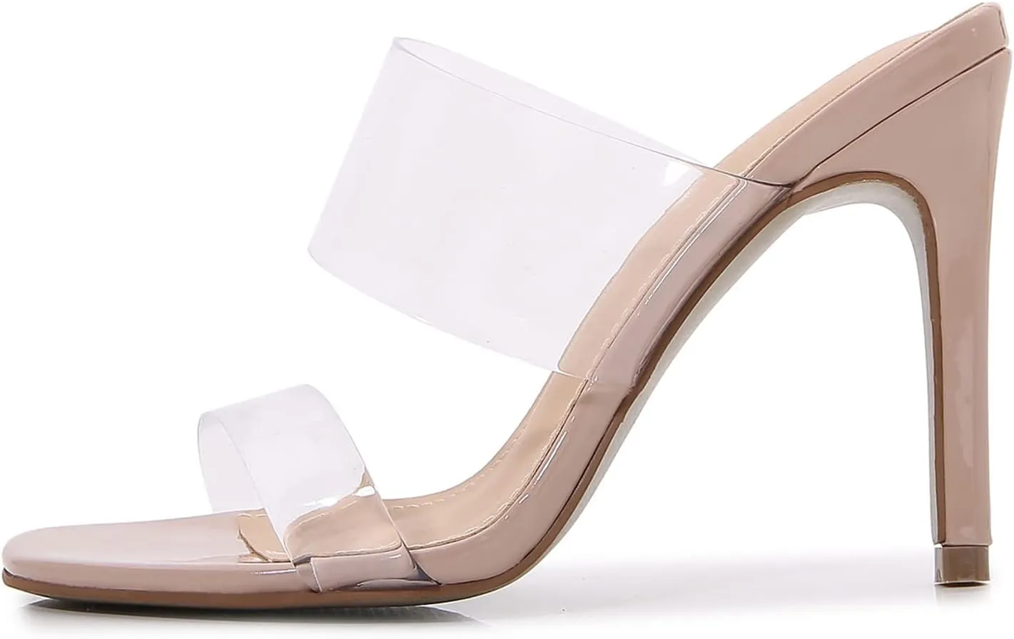 Husmeu Women's Clear Heeled Sandals Square Toe Two Strap Stiletto High Heeled Sandal Transparent Strap Backless Slip on Mules Heeled Sandals