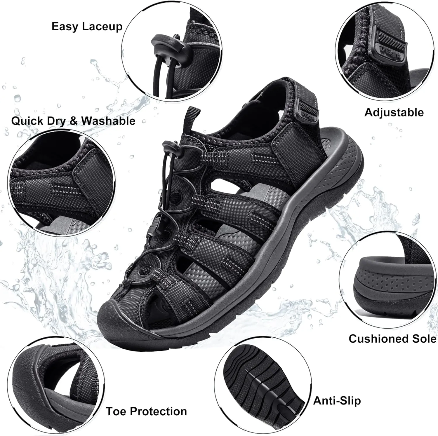 i78 Mens Athletic Hiking Sandals Closed Toe Outdoor Sport Sandals for Trail Beach Walking Waterproof Lightweight Casual