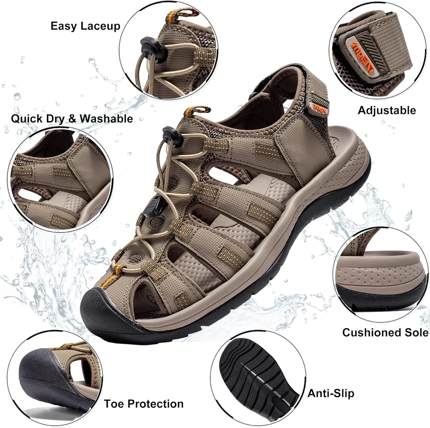 i78 Mens Athletic Hiking Sandals Closed Toe Outdoor Sport Sandals for Trail Beach Walking Waterproof Lightweight Casual