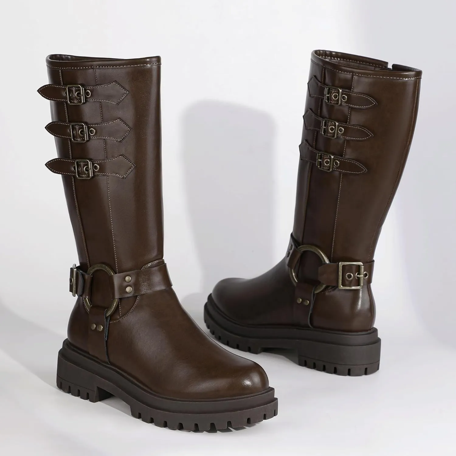 IDIFU IN2 Knee High Riding Boots Women Low Chunky Heel Motorcycle Boots with Side Zipper Comfortable Round Toe Tall Boots for Women Fall Platform Lug Sole Fashion Buckles Biker Boots