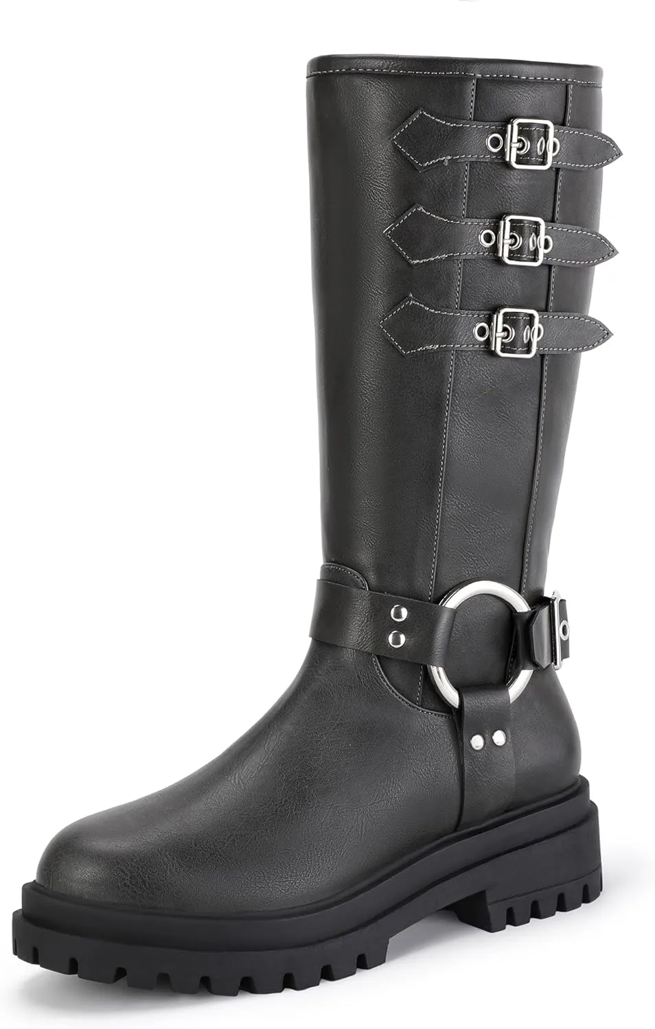 IDIFU IN2 Knee High Riding Boots Women Low Chunky Heel Motorcycle Boots with Side Zipper Comfortable Round Toe Tall Boots for Women Fall Platform Lug Sole Fashion Buckles Biker Boots